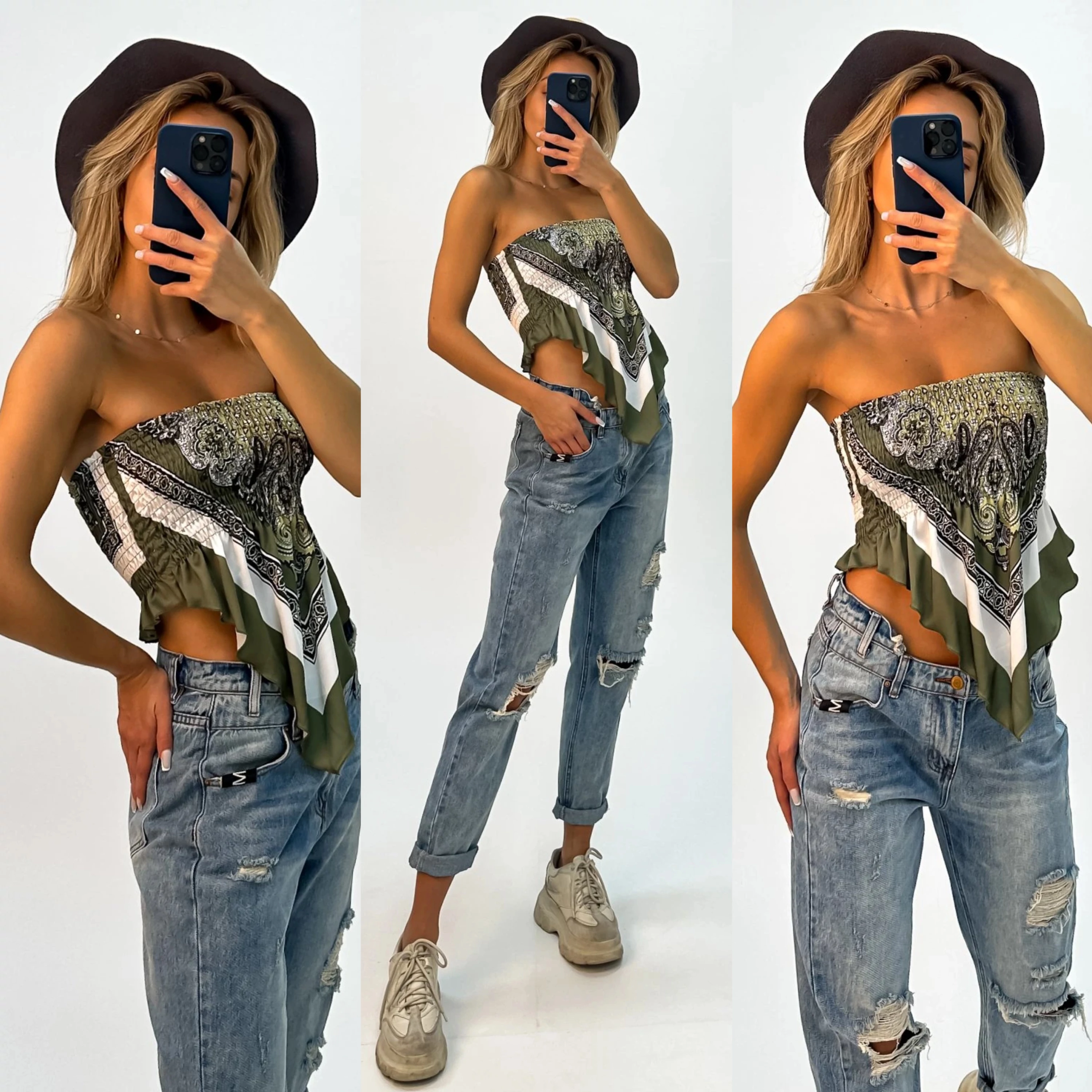 Boho stílusú olívazöld kendő top 