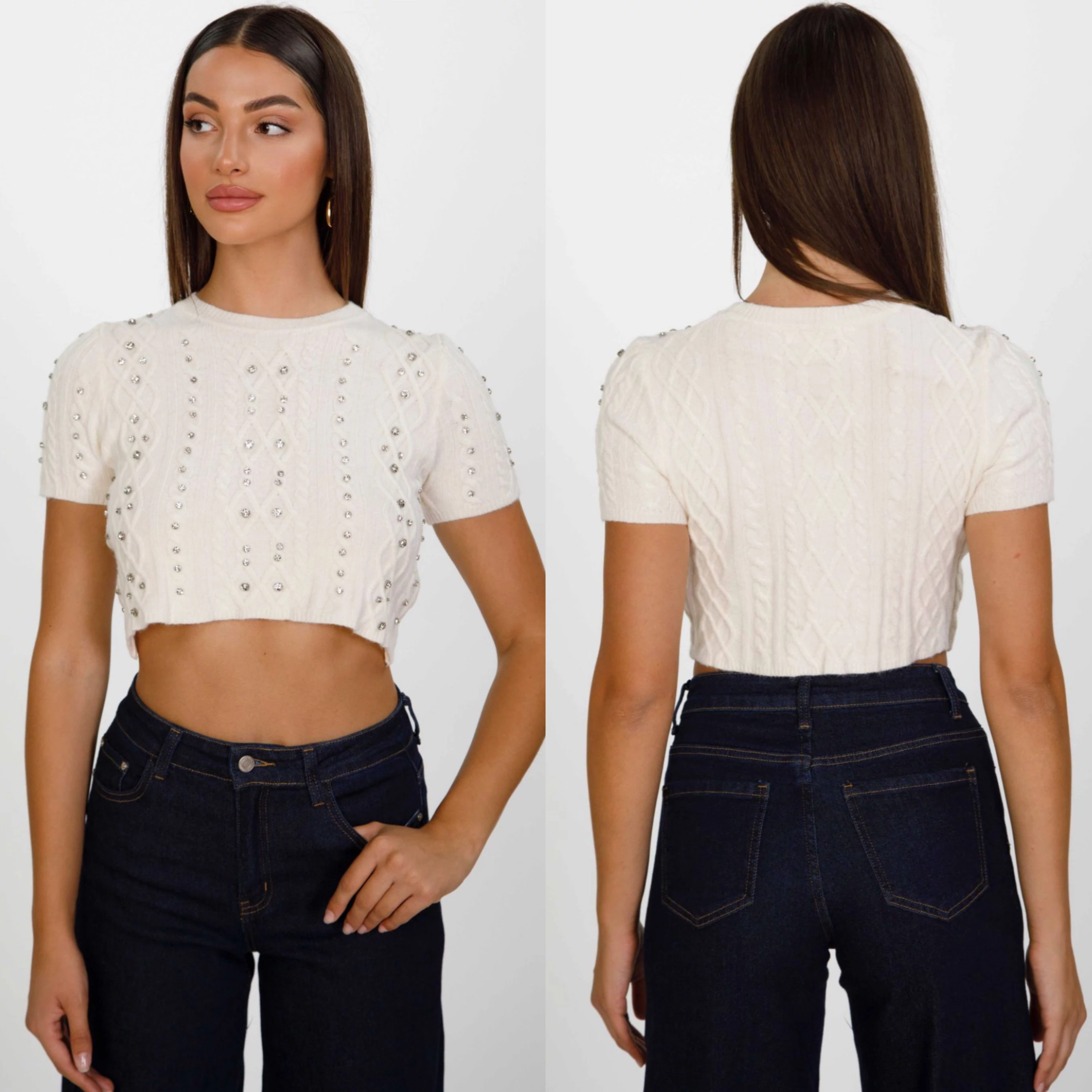 Bézs rövid kötött pulóver köves díszítéssel