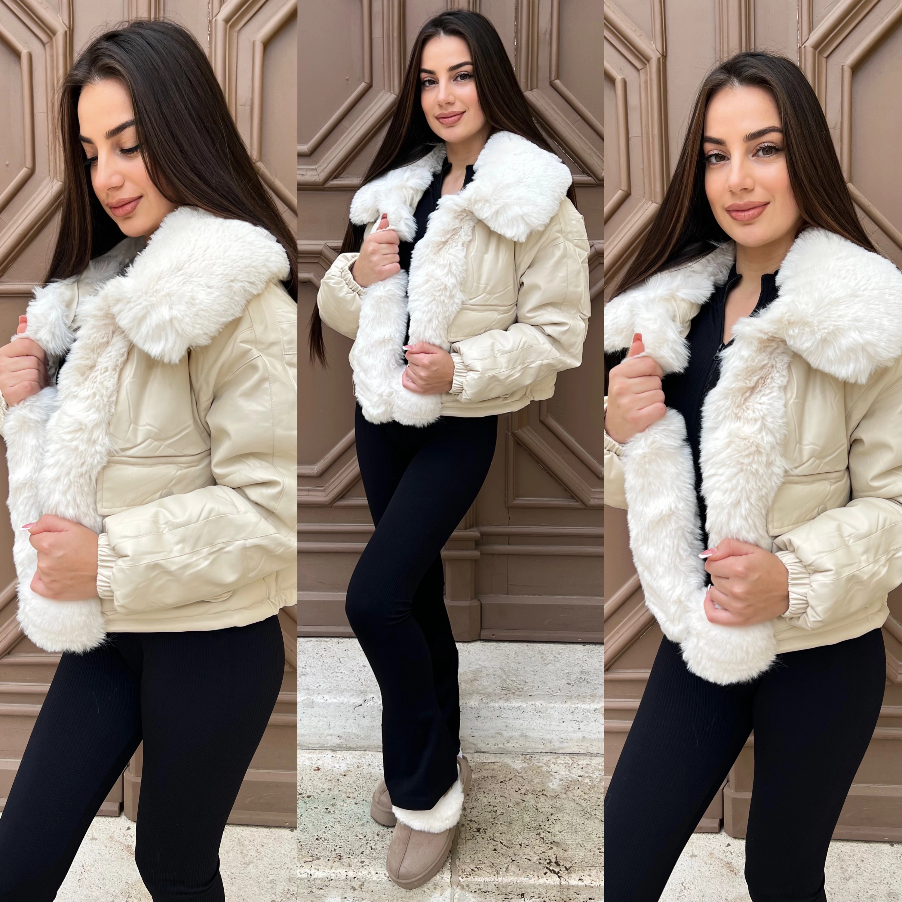 Aria bélelt bőrkabát műszőrme gallérral 