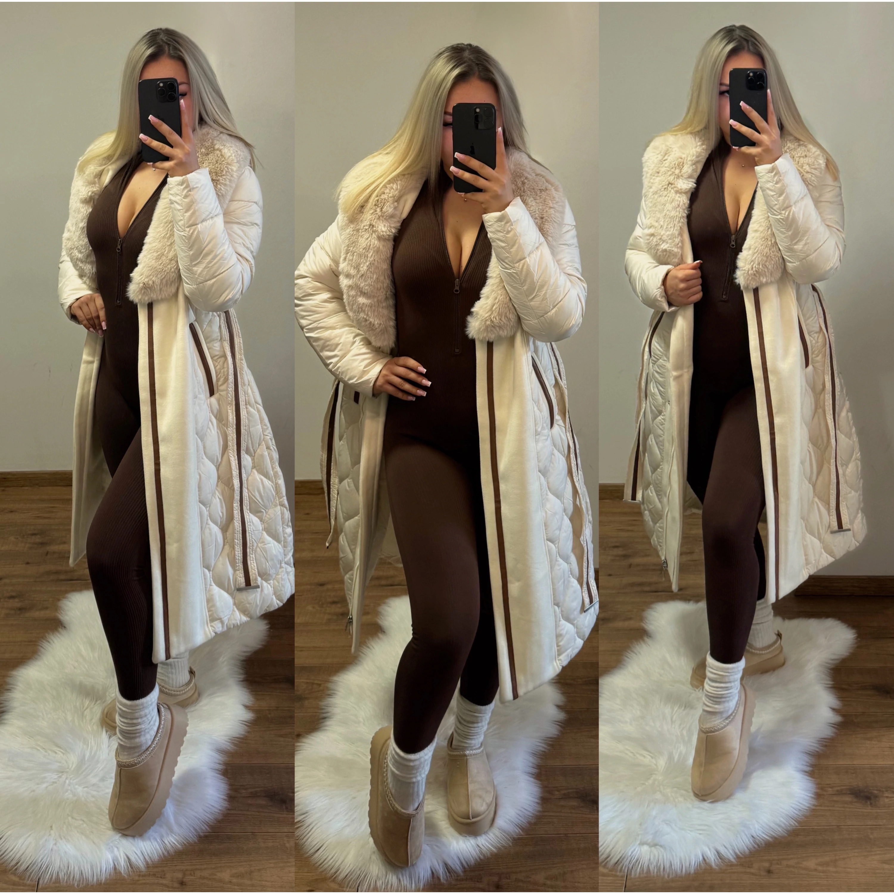 Krém-Bézs Szőrmés Hosszú Téli Kabát – Meleg és Elegáns Női Kabát Krém-Bézs Szőrmés Hosszú Téli Kabát – Meleg és Elegáns Női Kabát