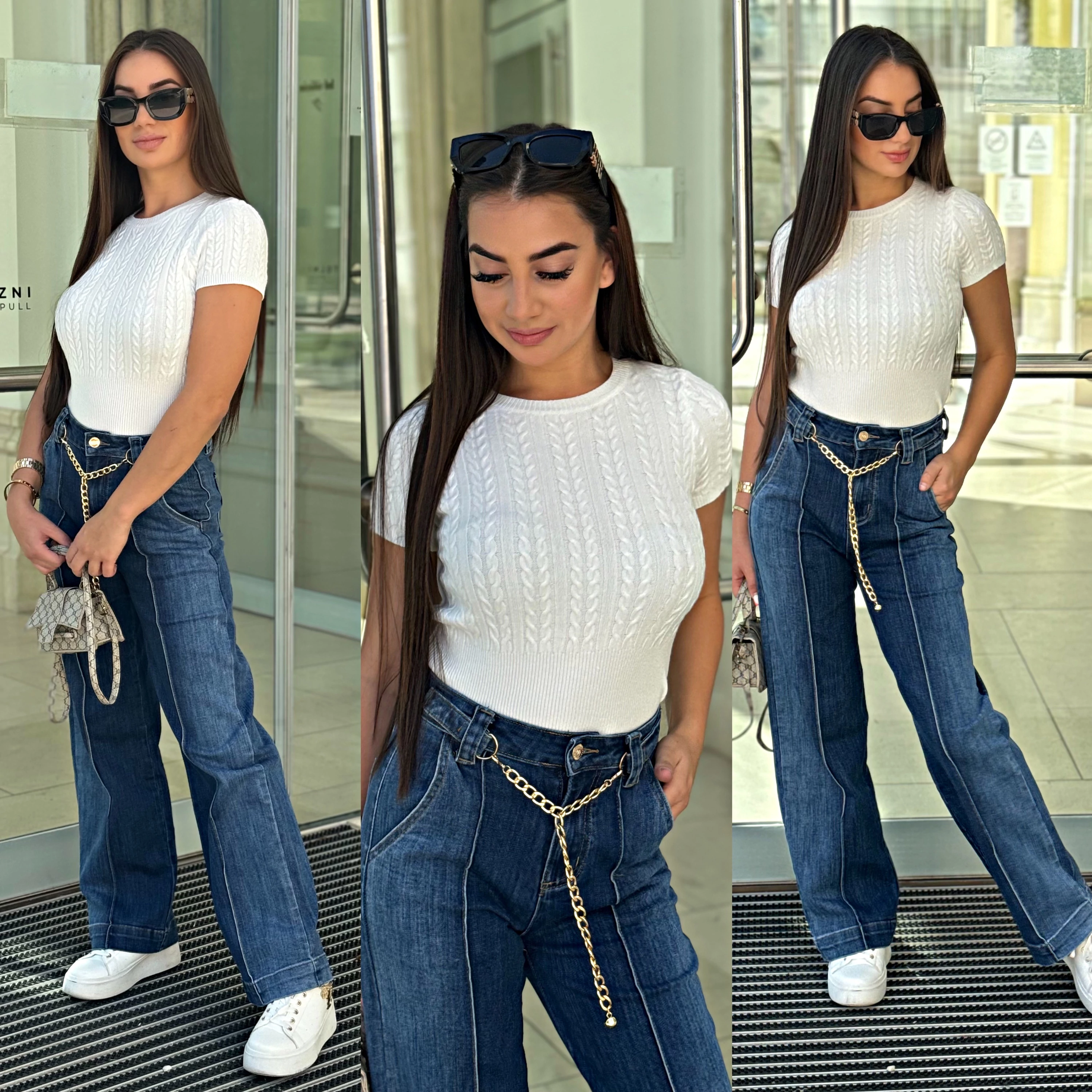 Női bő szárú magas derekú farmer nadrág láncos övvel – XS–XL Női bő szárú magas derekú farmer nadrág láncos övvel – XS–XL