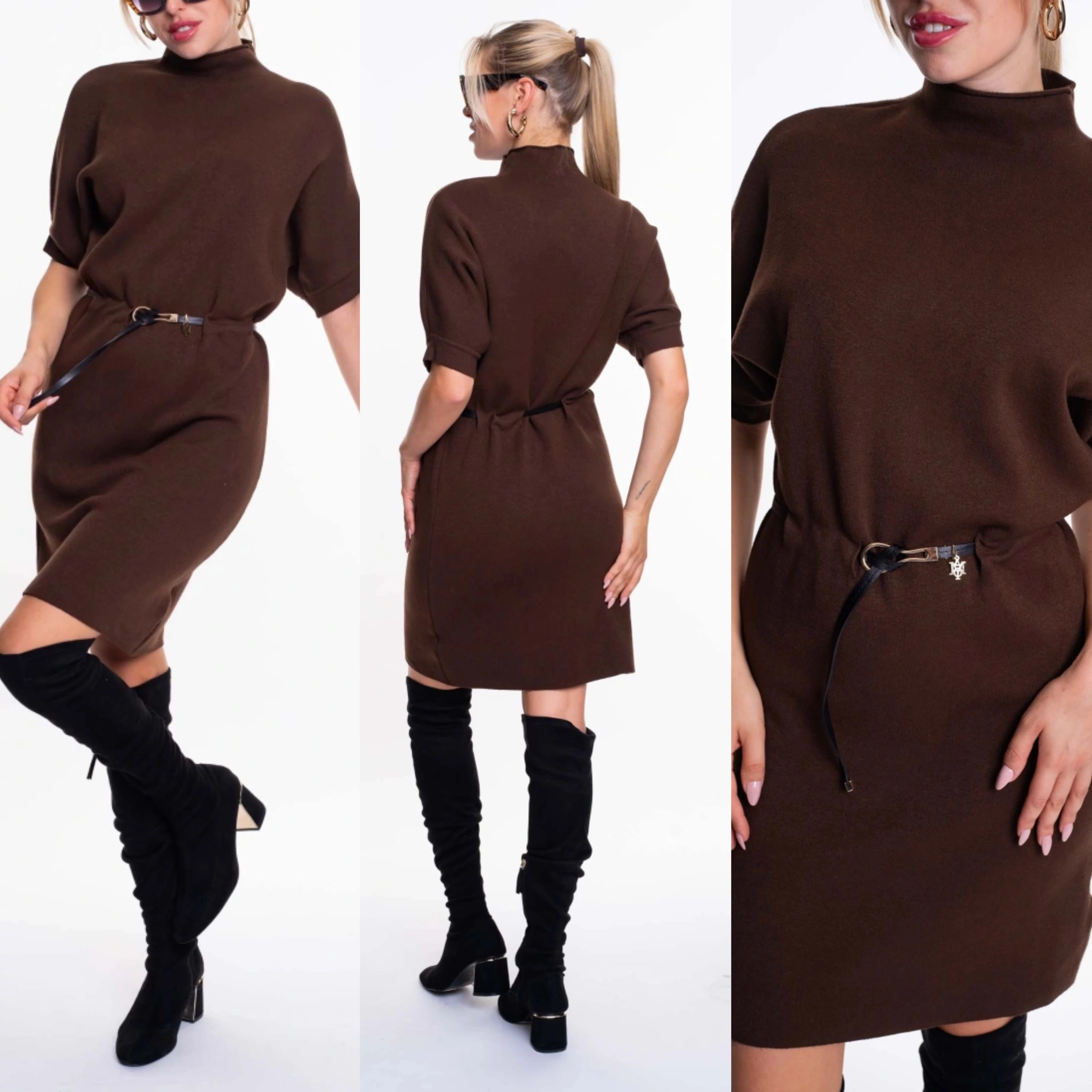 női csokibarna garbóruha övvel