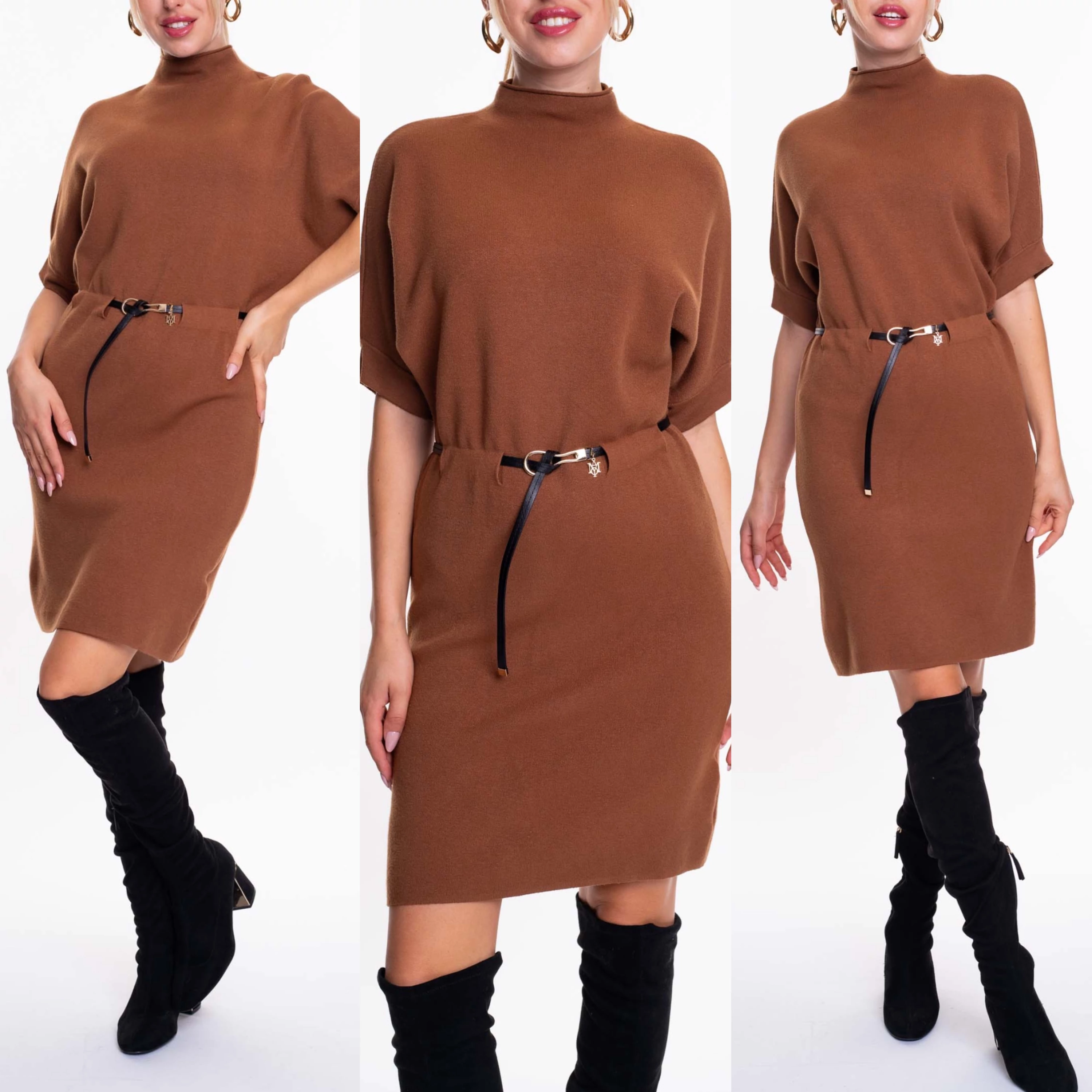 női camel garbóruha övvel