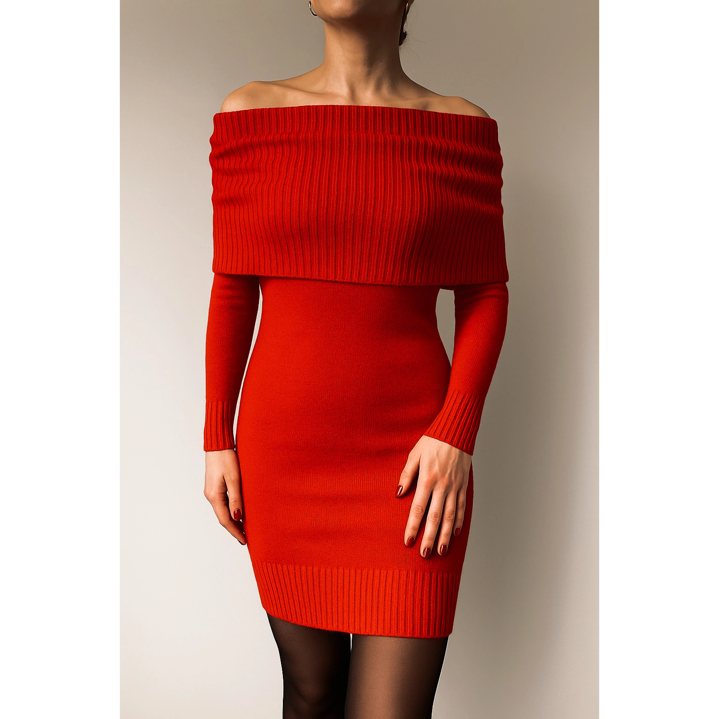 női piros bordázott garbóruha 