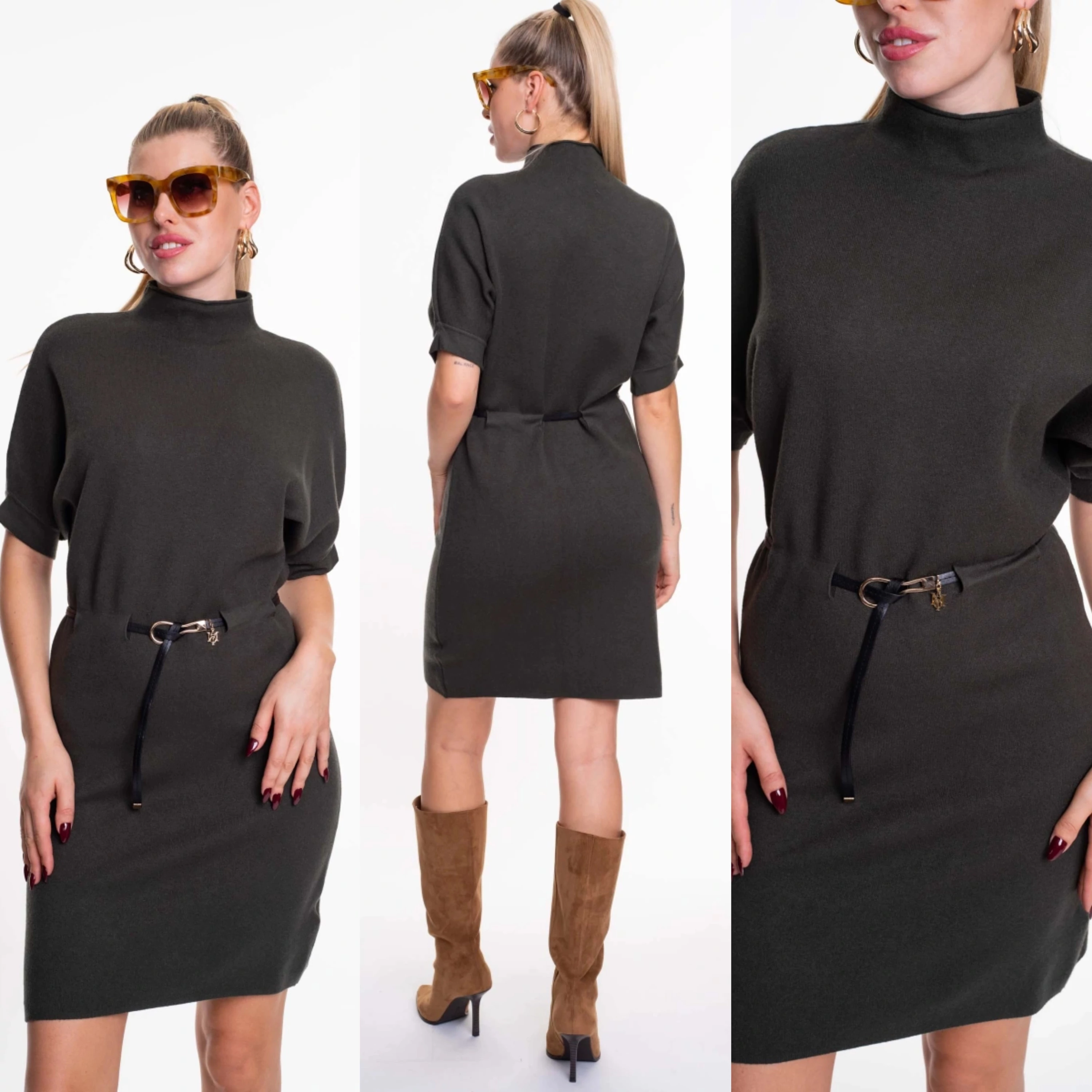 női khaki garbóruha övvel