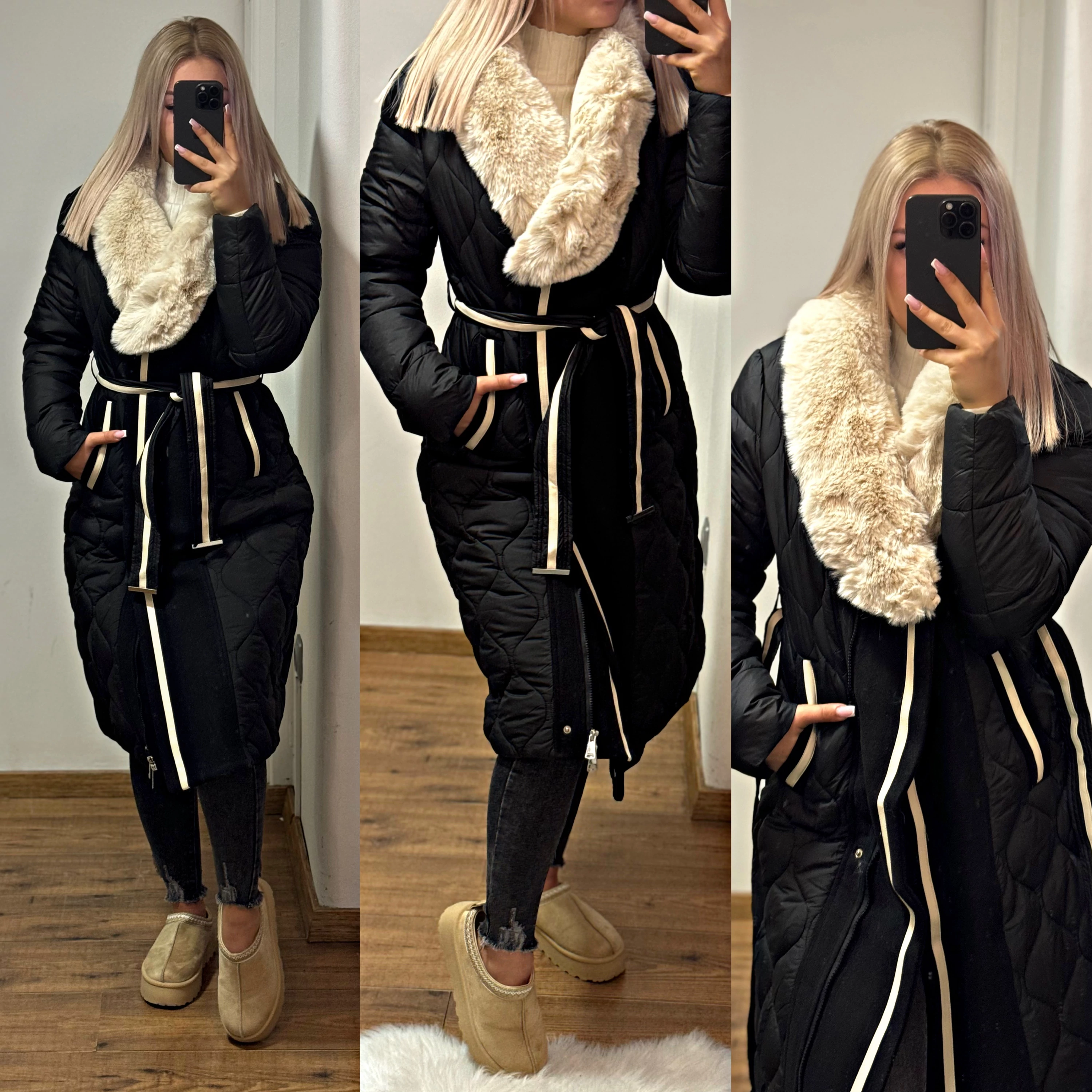 Krém-fekete Szőrmés Hosszú Téli Kabát – Meleg és Elegáns Női Kabát