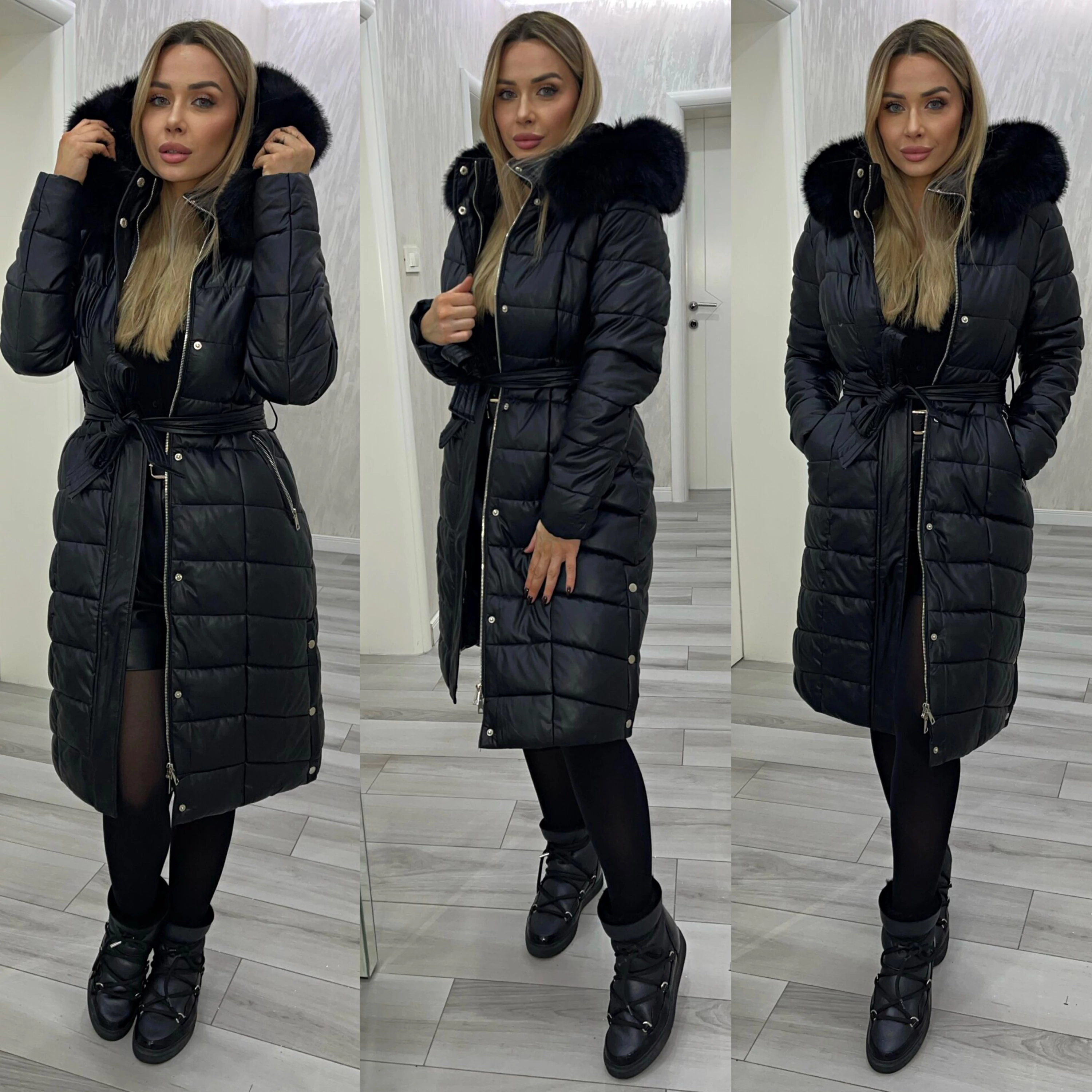 LARA fekete műbőr hatású, szőrmegalléros öves télikabát 