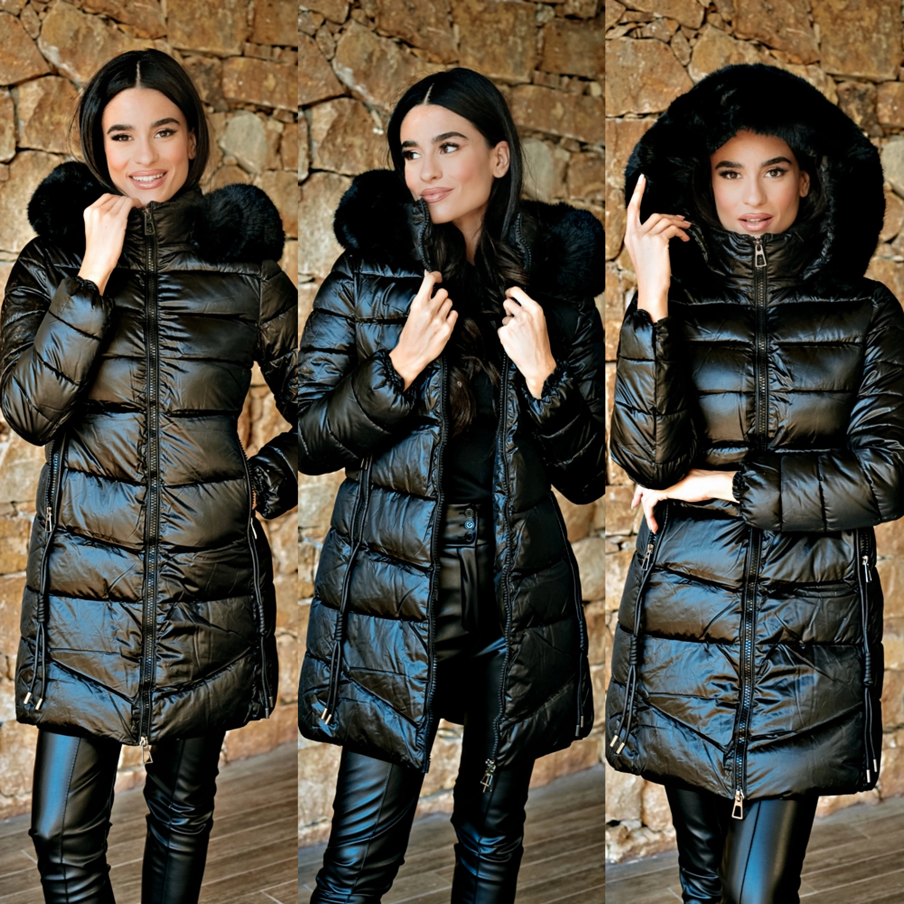 Aurora fekete fényű középhosszú steppelt kabát