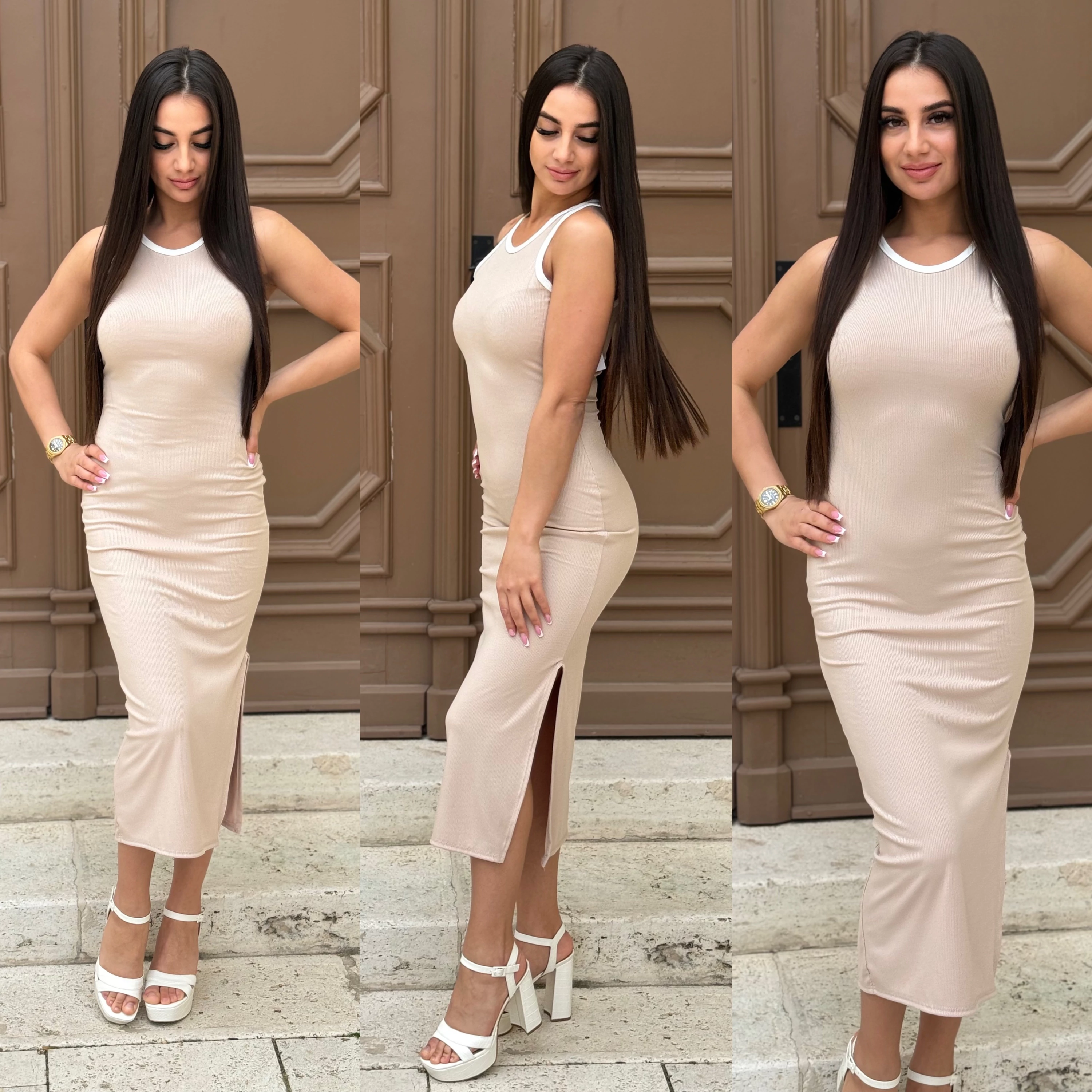Sofi Basic Bordázott Maxi Ruha – Bézs