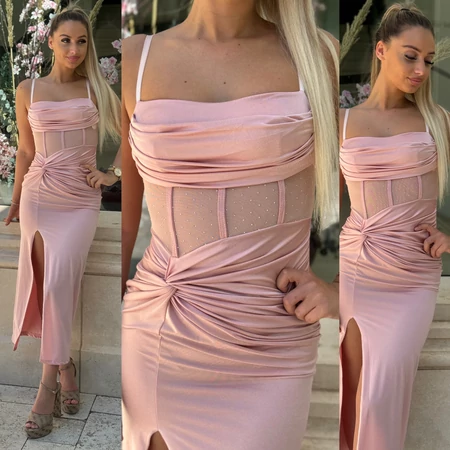 Scarlett blush pink szatén ruha – köves betéttel, sliccelt fazonnal XS–M