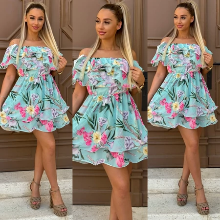 Summer Bloom türkiz virágos ruha – fodros, gumis nyári ruha XS-L méretig