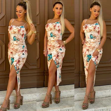 Lia ruha bézs virágos – nyári maxi elegancia XS–M