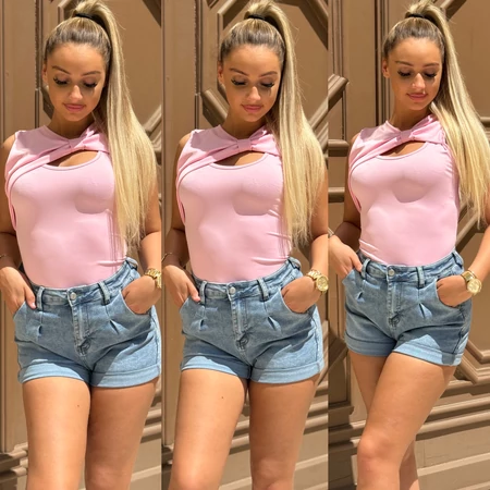 Ribbon Top – babarózsaszín, masnis betétes lycra felső