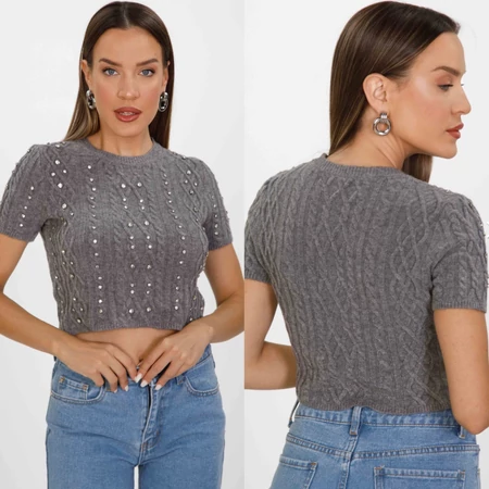 Szürke rövid kötött pulóver köves díszítéssel