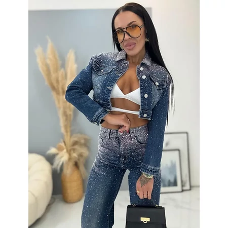 Strasszköves farmer szett – farmerdzseki és bőszárú nadrág | MyFashion