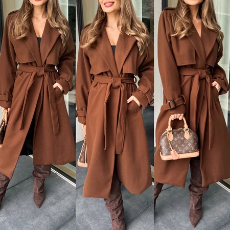 BARNA ÖVES NŐI KABÁT – ŐSZI-TÉLI, elegáns női kabát övvel