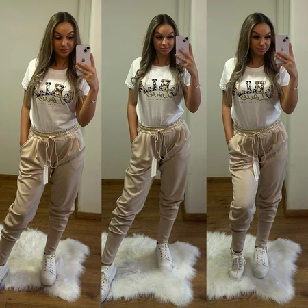 Bézs színű női elegáns melegítőnadrág – Fényes derékpánttal (M-L-XL)