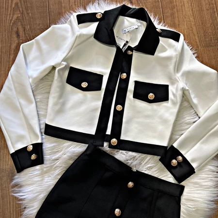 Elegáns fekete-fehér női kosztüm szett arany gombokkal – S/M/L
