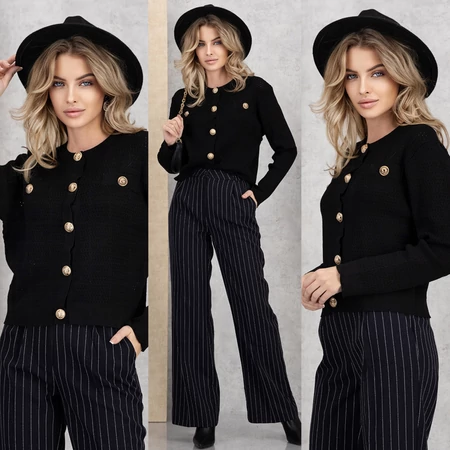 Fekete aranygombos női kardigán elegáns stílusban