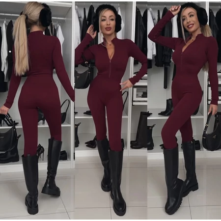 Bordó bordázott hosszú ujjú női overál 