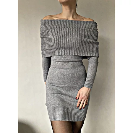 női szürke bordázott garbóruha 