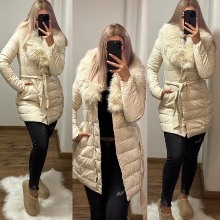 ELIZA krém műbőr hatású, szőrmegalléros öves télikabát