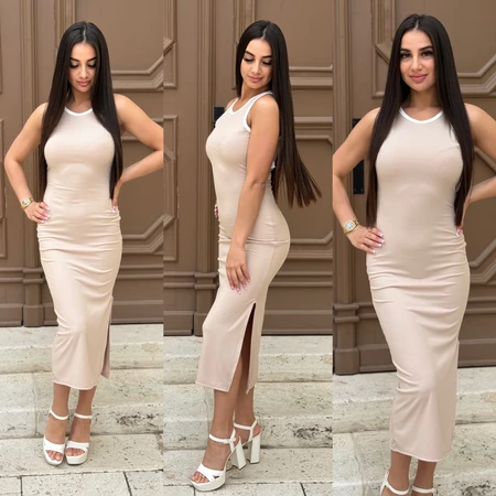 Sofi Basic Bordázott Maxi Ruha – Bézs